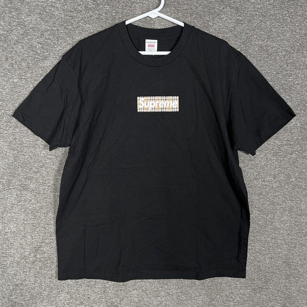 Supreme Burberry Box Logo Shirt Mens XL Black‎ Plaid Graphic T-Shirt Tee USA